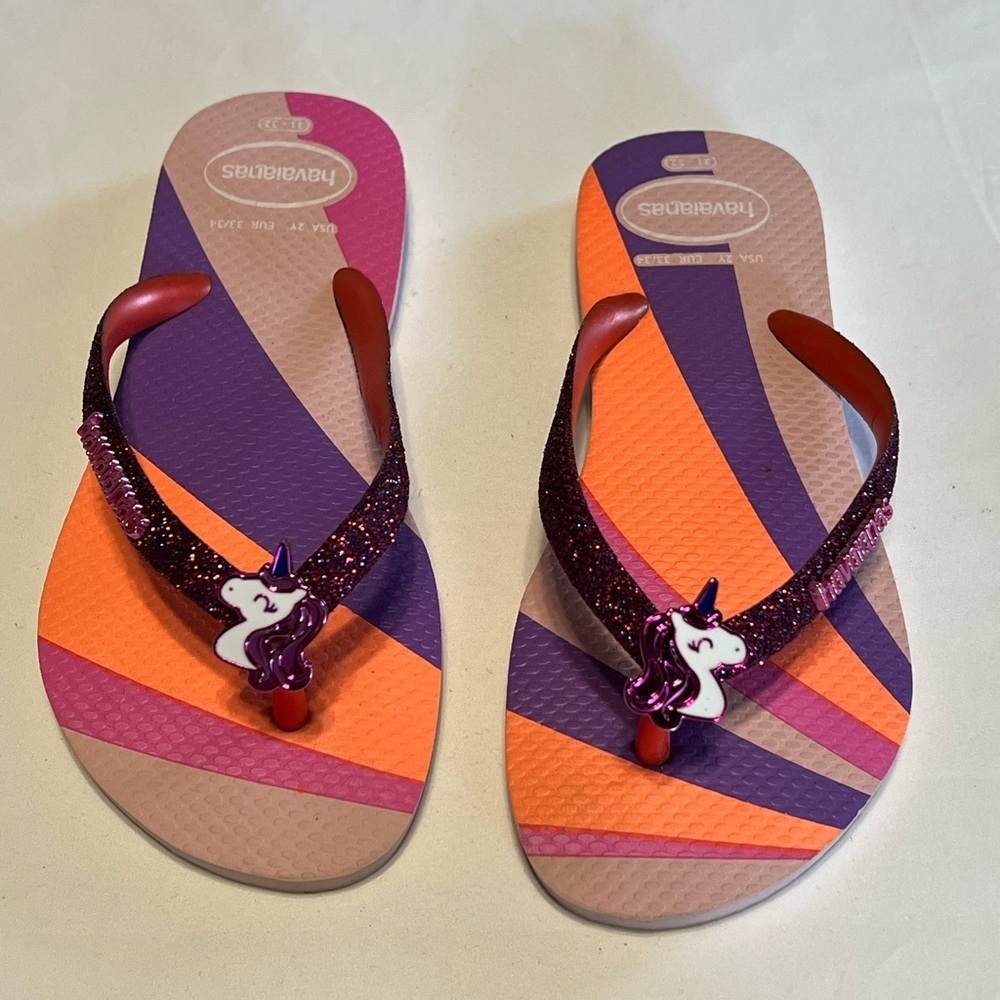 Havaianas flip flops slides sandals Girls 2 pink purple glitter rainbow unicorn - Picture 1 of 10
